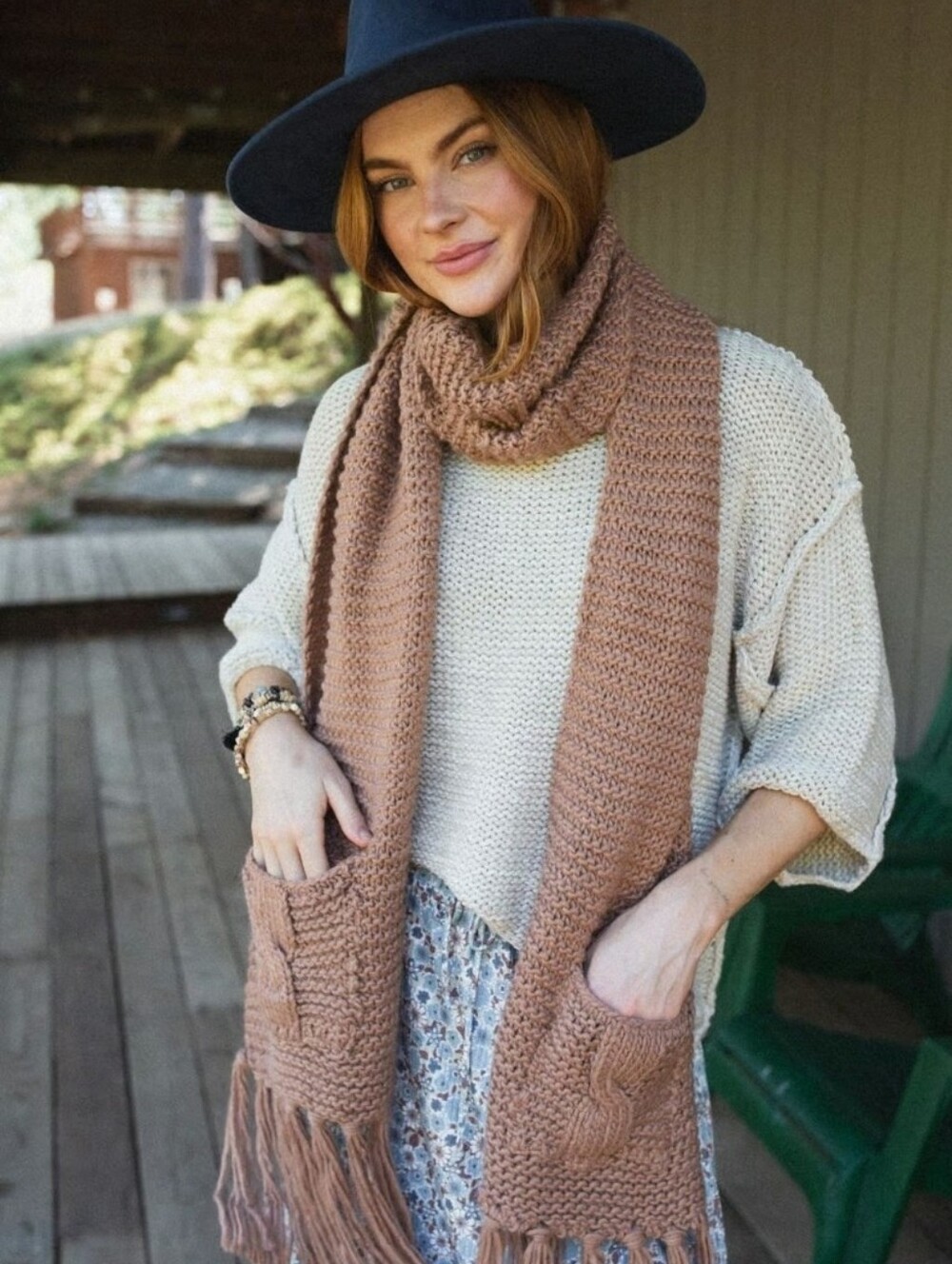 Rihanna Knitted Chunky Overized Tassel Scarf With Pockets In Camel NWT $60